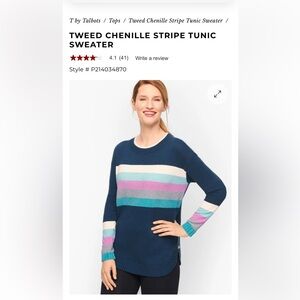 T by Talbots Tweed Chenille Stripe Tunic Sweater‎ - Navy and Pink- worn about 3x
